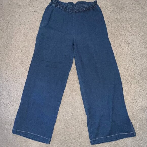 ANTHRO ANTHROPOLIE Denim Look 100% Cotton Wide Leg Slit Hem Paper Bag Waist Pant - Picture 1 of 12